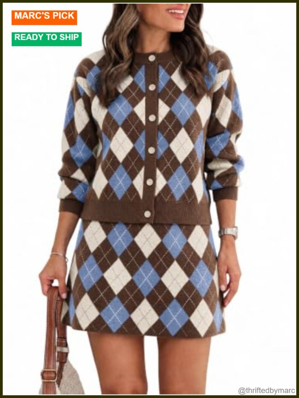 2 Piece Knit Sweater Skirt Set Argyle Plaid Lounge Matching Outfit